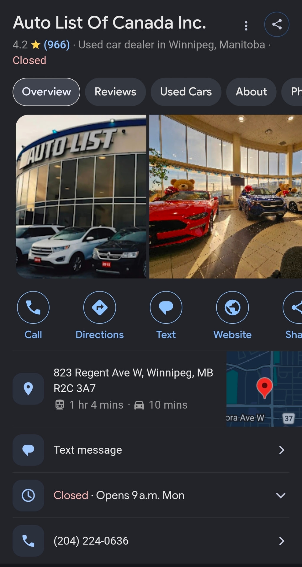 Auto List Of Canada Inc. Google Business Profile showing 4.2 stars from 966 reviews